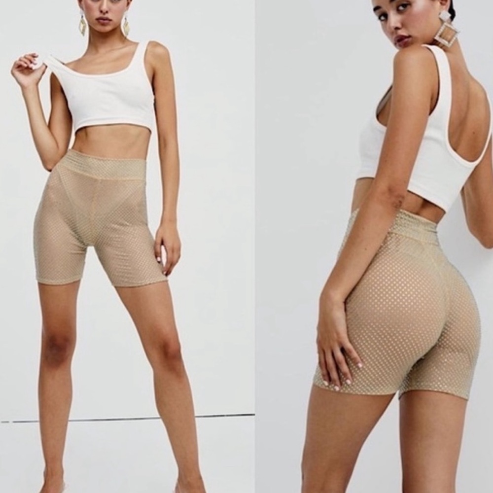 Nwt For Love And Lemons Kiara Sheer Rhinestone Embellished Biker Shorts Xs